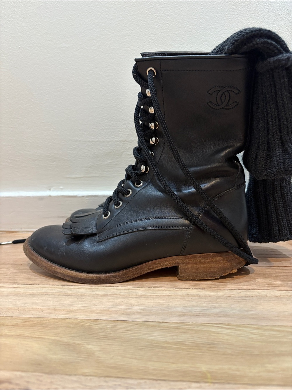 CHANEL Black Leather Lace-Up Combat Boots with Tassel Fringe - Picture 3 of 3